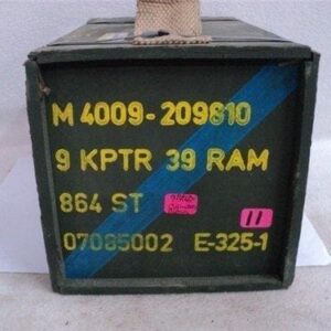 9MM Luger Black tip plastic bullet rounds in 864 round wood crate with carry handles.