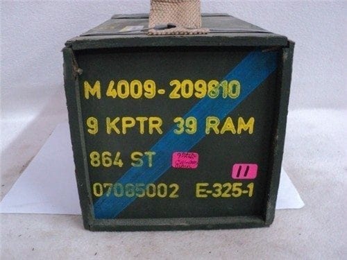 9MM Luger Black tip plastic bullet rounds in 864 round wood crate with carry handles.