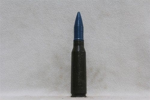 25mm Bushmaster fired case dummy round with blue tp projectile, Price Each