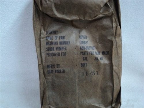50 cal barrel covers in original bag marked, part for gun cal. 50 M-2 11/51.