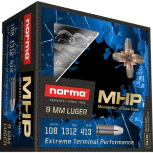 Norma Home Defense MHP Ammunition 9mm Luger 108 Grain Monolithic Hollow Point Lead Free Box of 20
