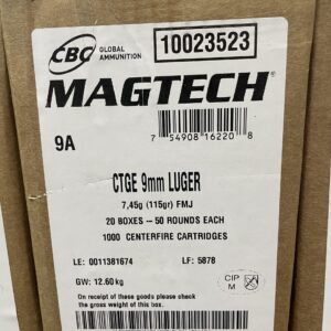 Magtech 9mm Brass case, 115 Grain FMJ ammo. 1000 round case
