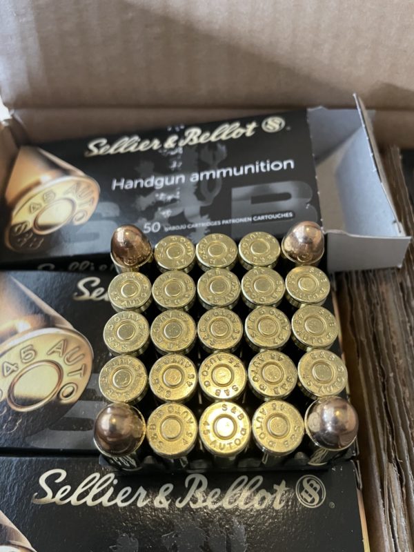 Sellier & Bellot 45 ACP, FMJ, 230 Grain bullet.
