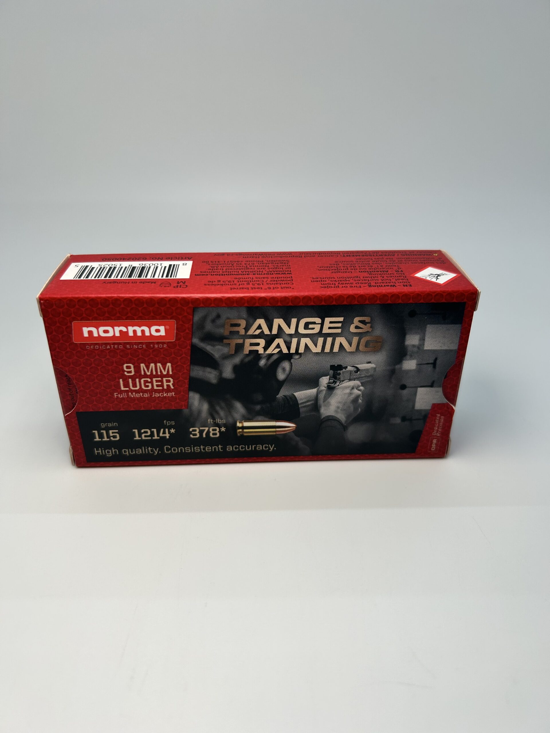 Norma Range Training FMJ 9mm Luger 115 Grain Full Metal Jacket Brass Cased Centerfire Pistol Ammunition.