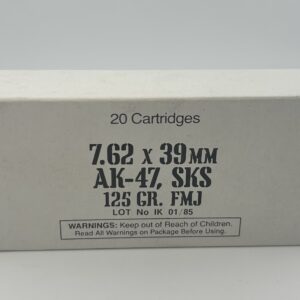 7.62x39 AK-47 SKS Yugoslavia 125 Grain, FMJ Ball Ammo. 20 Round Box