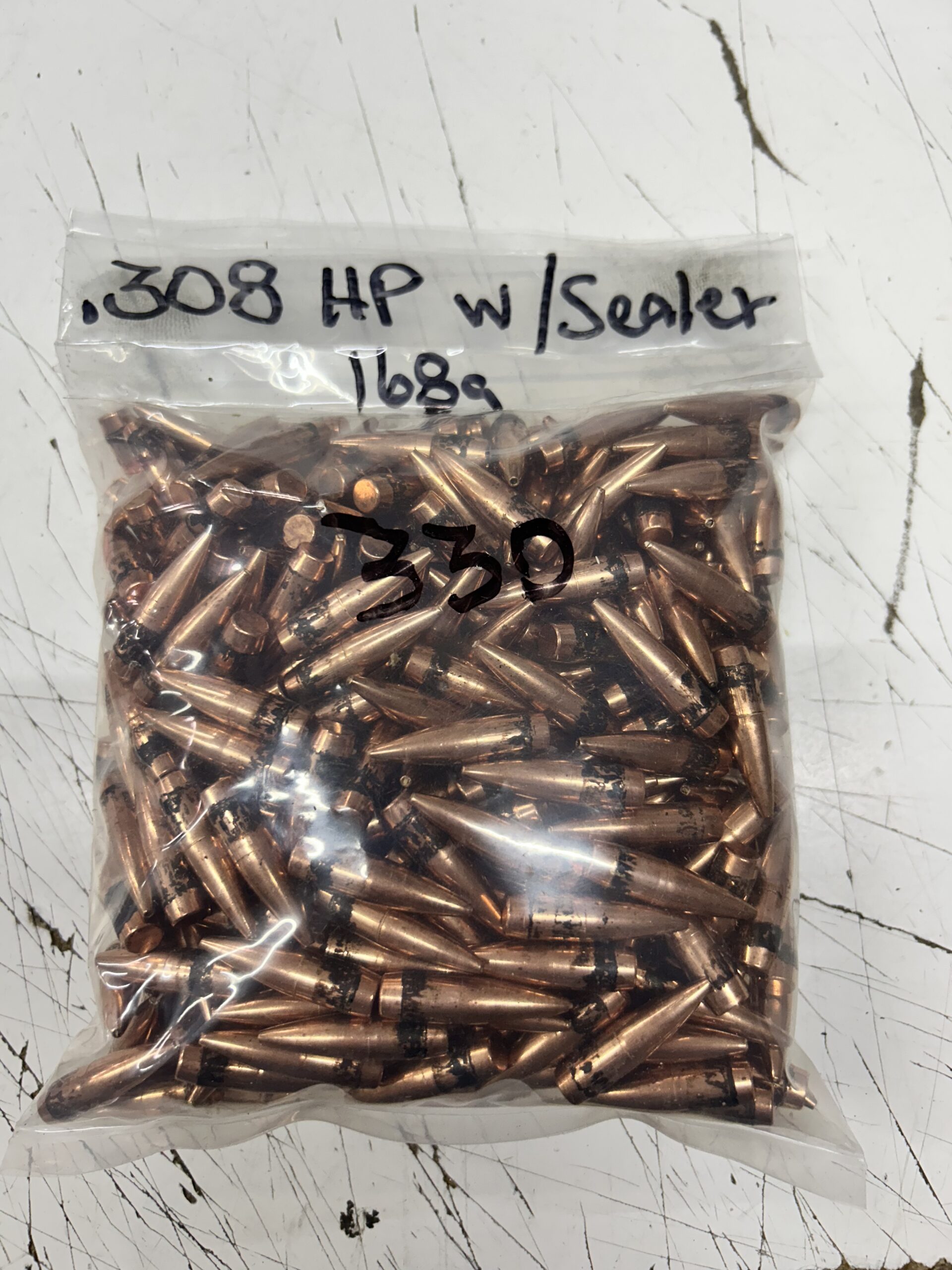 .308 DIAMETER 168 GRAIN B.T. HOLLOW POINT BULLETS with Sealer. 330 pack.