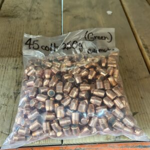 .450 to .451Dia. 250 Grain TMJ (Plated) Green Streak Pulled Bullets – 240 round bag. Has Pull Marks