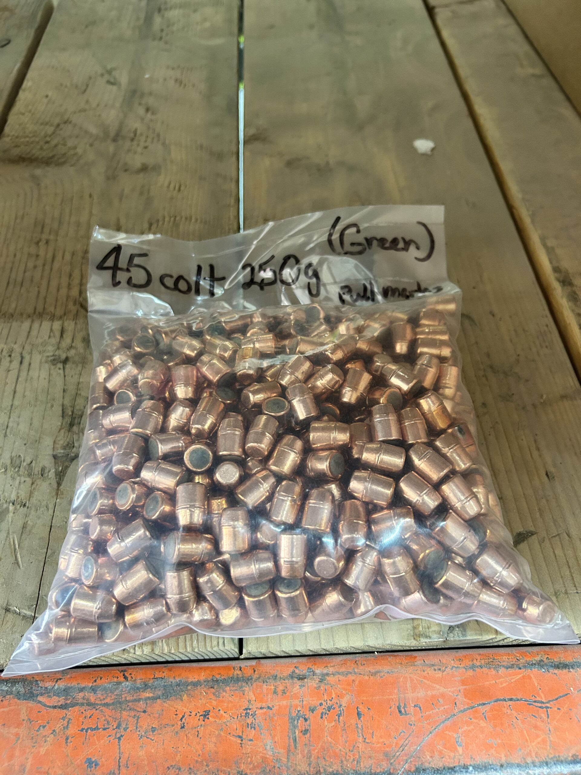 .450 to .451Dia. 250 Grain TMJ (Plated) Green Streak Pulled Bullets – 240 round bag. Has Pull Marks