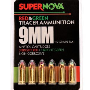 Supernova Red & Green Tracer 9mm Ammunition – 119 Grain Full Metal Jacket – 6 Rounds